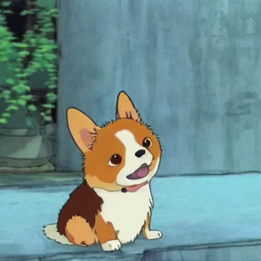 Prompt: the most adorable corgi, smiling, happy, cute, scene from an anime by studio ghibli, hayao miyazaki, spirited away