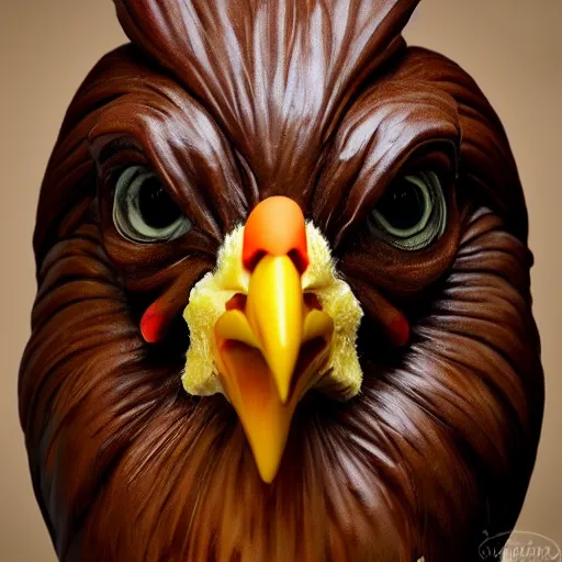 Prompt: breathtaking portrait of a chicken chocolate sculpture, art concept, artstation, sharp focus, botero style