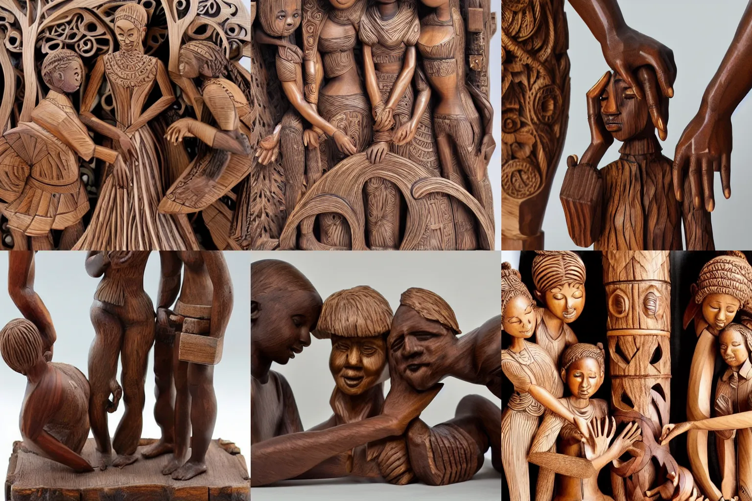 Prompt: intricate wood sculpture of beautiful racially diverse people caressing