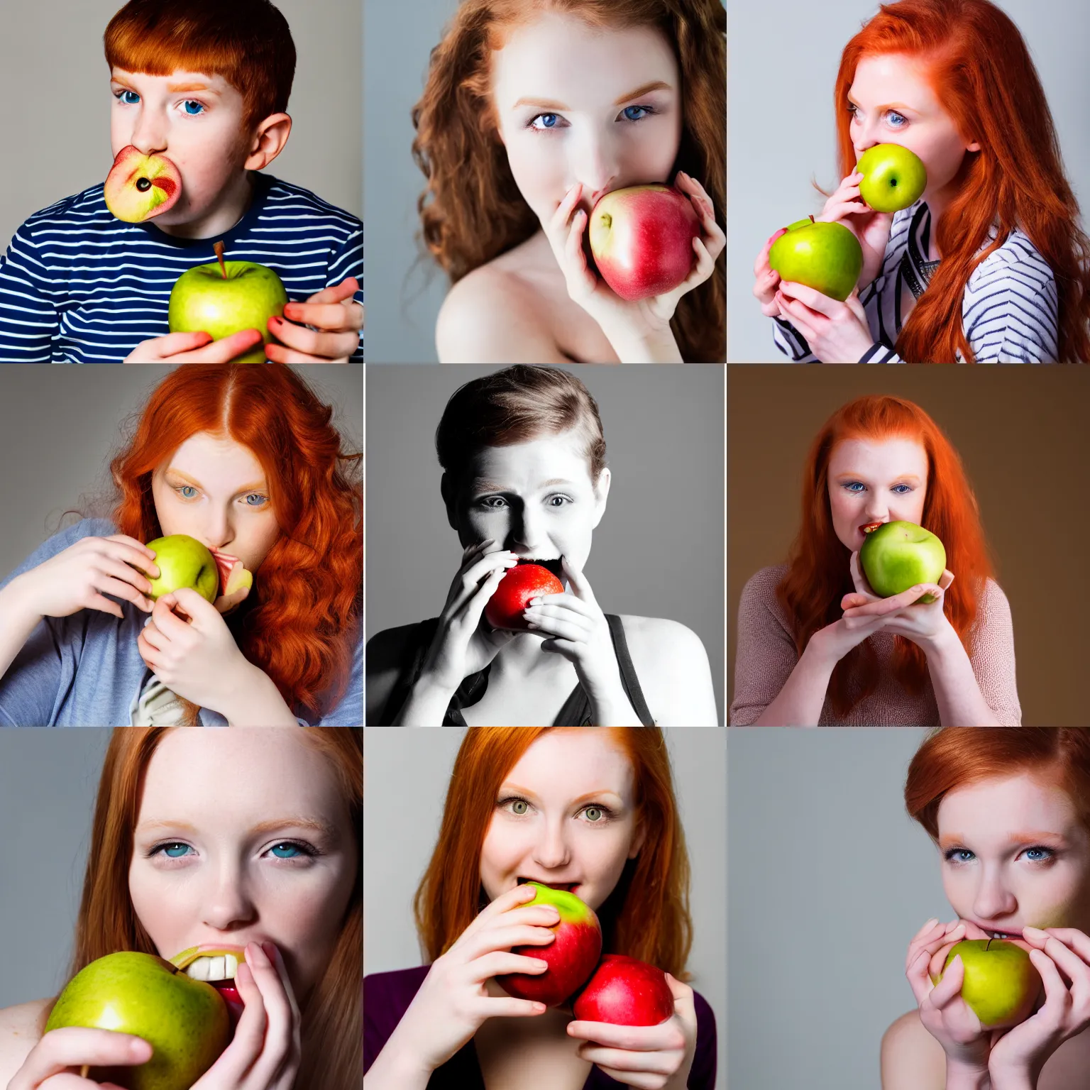 Prompt: a beautiful ginger model eating an apple, sigma 85mm, studio lighting