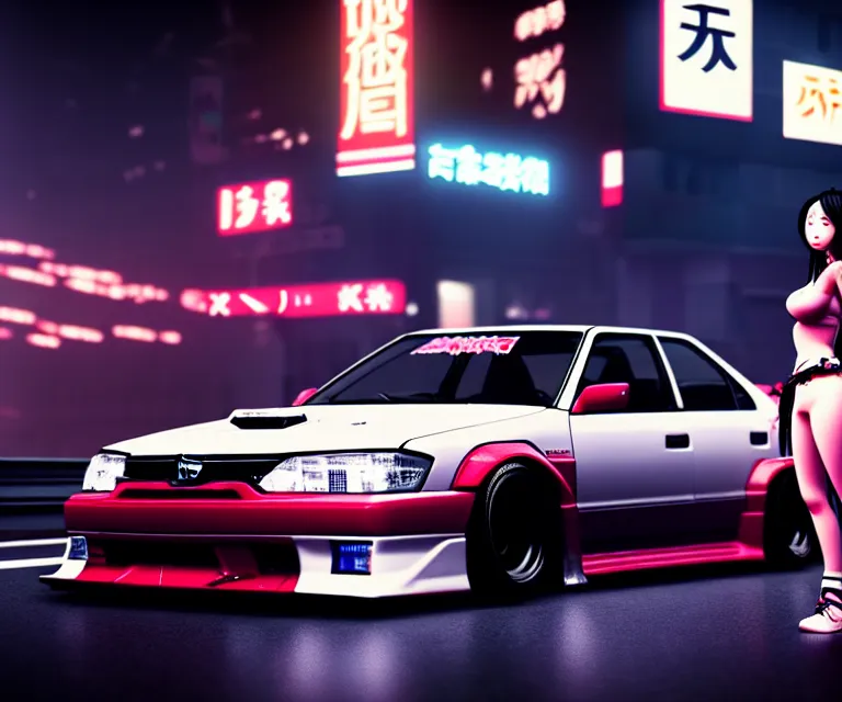 Prompt: toyota jzx 1 0 0 drift with cyberpunk girl standing, detailed - wheels, shibuya prefecture, cinematic lighting, photorealistic, night photography, octane render