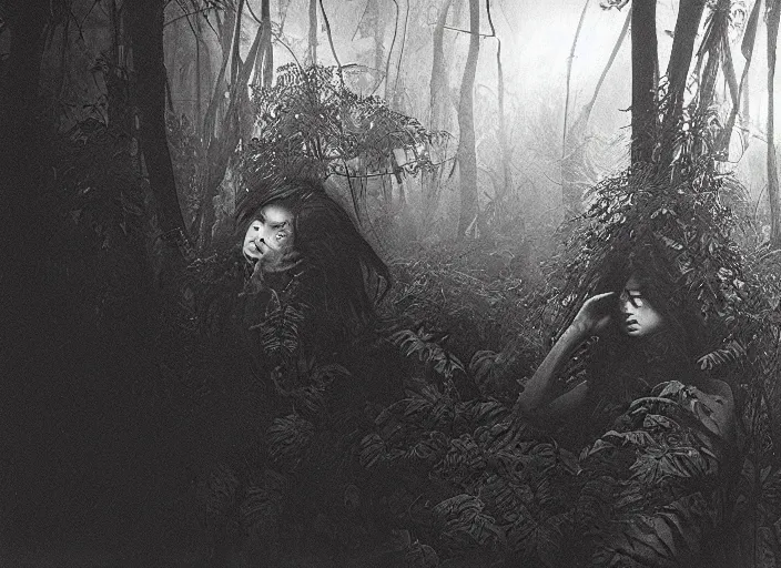 Prompt: a female model with long black hair, emerging from a dense misty jungle wearing camouflage by yohji yamamoto, in the style of daido moriyama, analogue photography, camera obscura, double exposure h 7 6 8
