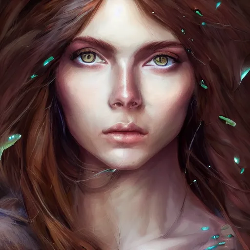 Image similar to centered front face portrait of an attractive young female earth angel, beautiful long brown hair, rocks and stones, intricate, highly detailed, elegant, digital painting, trending on artstation