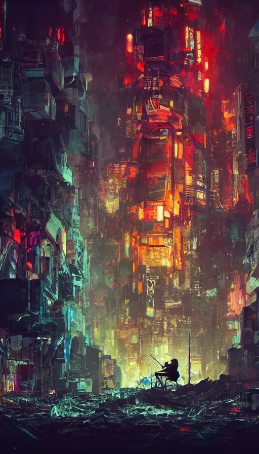 Image similar to a cellist playing in the rubble of a fallen cyberpunk city looming above him, neon color scheme, beautifully lit, concept art, sharp focus, a digital illustration by sam spratt and salvidor dali