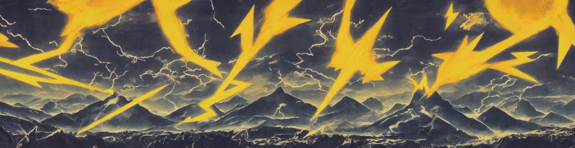 Image similar to solar montain with one lightning bolts in 1940s propaganda poster