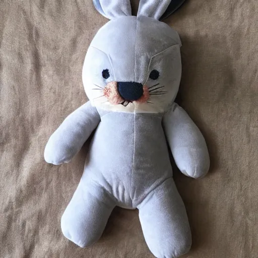 Prompt: a cute plush toy made to look like a sleeping baby wearing a grey fluffy bunny sleep suit