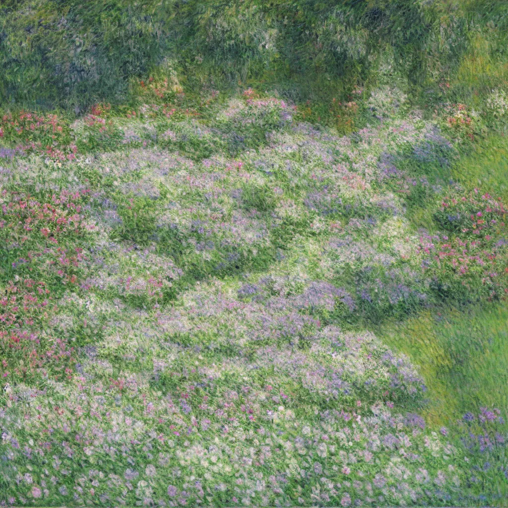 Image similar to a gorgeous garden on the edge of a cliff filled with beautiful flowers in different shades of pale green, monet