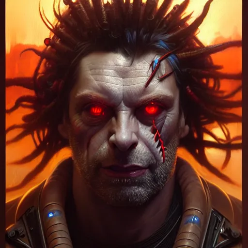 Image similar to portrait painting of a cyberpunk orc medic muscular michael sheen, ultra realistic, concept art, intricate details, eerie, highly detailed, photorealistic, octane render, 8 k, unreal engine. art by artgerm and greg rutkowski and charlie bowater and magali villeneuve and alphonse mucha