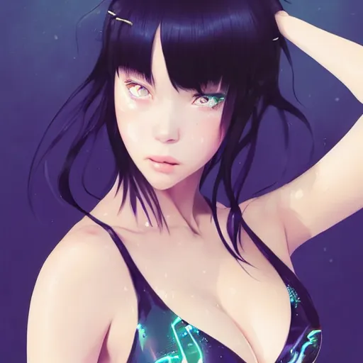 Prompt: a beautiful young japanese billie eilish kat dennings alluring instagram model in elaborate latex bikini tank top, by guweiz and wlop and ilya kuvshinov and artgerm and makoto shinkai and studio ghibli, symmetrical eyes, aesthetic, gorgeous, stunning, alluring, attractive, artstation, deviantart, pinterest, digital art