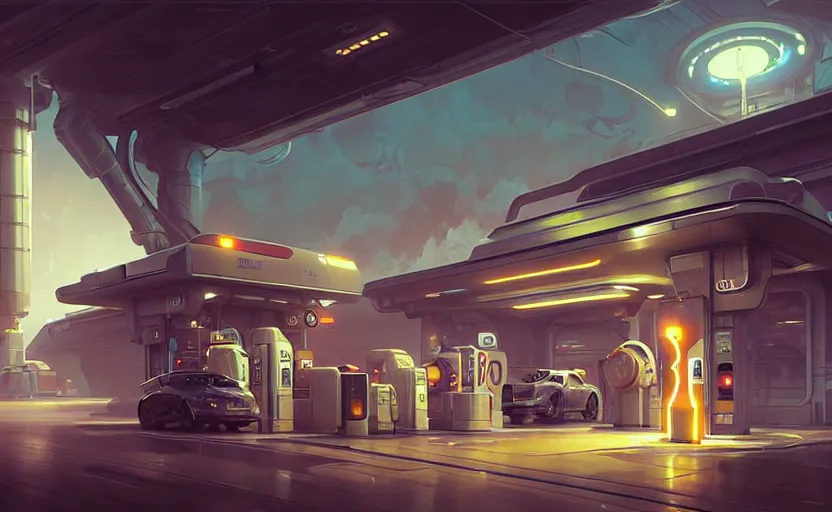 Image similar to Gas station, sci-fi, highly detailed, digital painting, artstation, concept art, smooth, sharp focus, illustration, art by artgerm and greg rutkowski and alphonse mucha