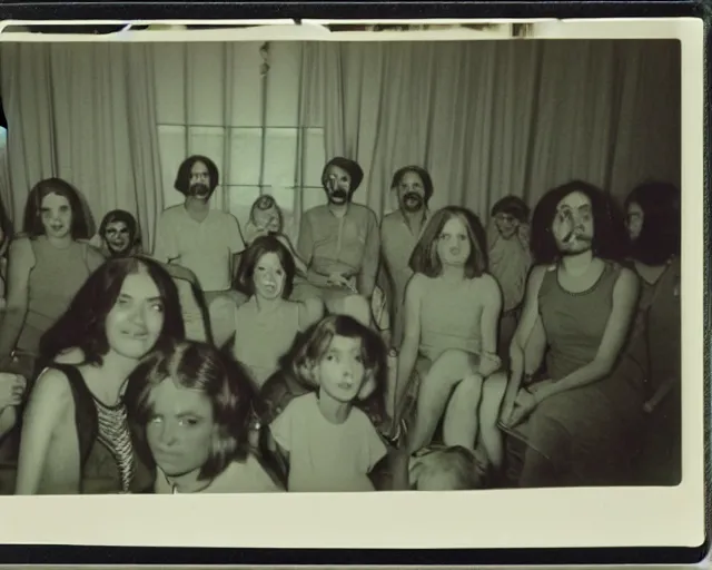 Prompt: gritty polaroid photo of a secretive cult meeting circa 1 9 7 8, archive image, scanned