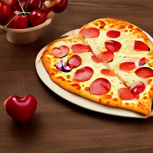 Image similar to heart shaped magerhita pizza with alot of cheese, 4 - 5 cherry tomata served on a wooden plate