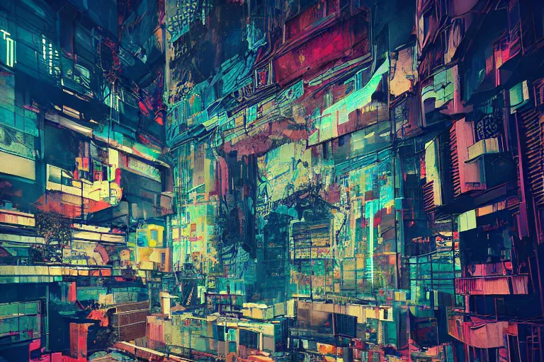 Image similar to fragmented architecture collage by atelier olschinsky and Ernst Haas, cyberpunk, (high contrast), ((oversaturated)), grafitti paint, bokeh, dof, unreal engine