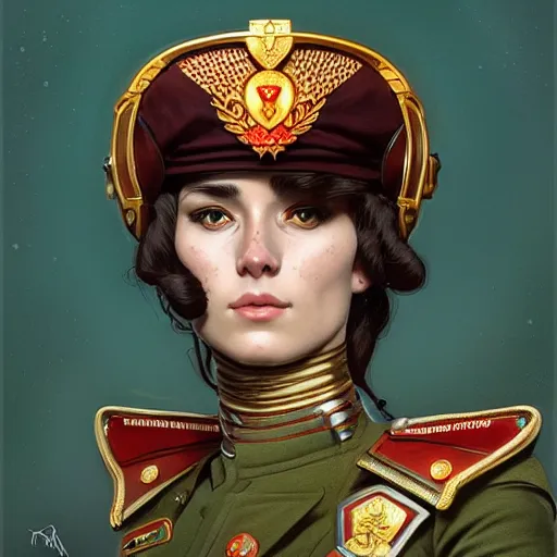 Image similar to a portrait of a female cat soviet officer, upper half portrait, decorated with soviet motifs, intricate, elegant, highly detailed, symmetry, headpiece, digital painting, artstation concept art smooth sharp focus, illustration, art by artgerm and greg rutkowski alphonse mucha 8 k