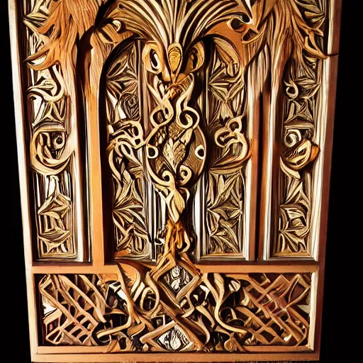 Image similar to intricate colorfully painted carved wood paneling, dark souls, ivory and copper, artstation