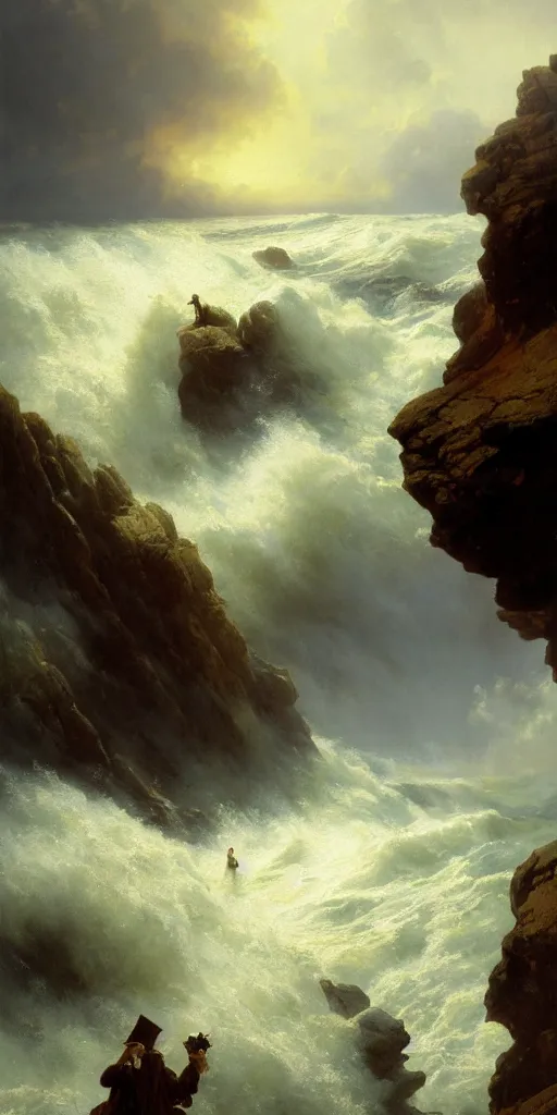 Image similar to a big cliff at the middle of the day in 1 9 4 0, stormy sea, a men stand up at the edge of the precipice, steam punk, mystical yellow fog, oil on canvas, art by andreas achenbach, clemens ascher, tom bagshaw and sabbas apterus,