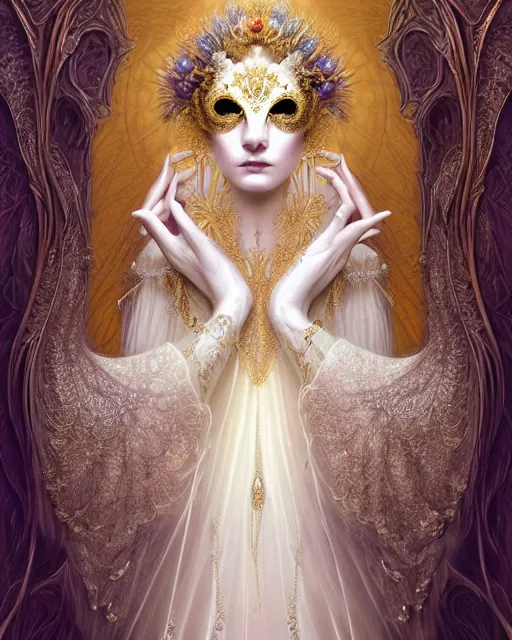 Image similar to beautiful ethereal maiden in a ivory masquerade mask intricate ornate fractal-lace and gemstones, wearing stunning ivory dress, ivory gold iridescent, full view, soft lighting, vivid, Hyperdetailed, 4k hd matte painting by Artgerm, Greg Rutkowski, Klimt, James Jean, 8k resolution, enchanting and otherworldly, Artstation, CGsociety, detailed, front view