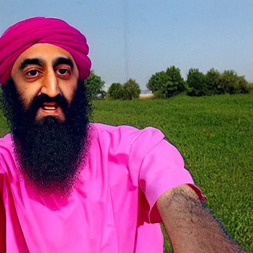 Image similar to osama bin laden wearing a pink dress, leaked photo, taken with a selfie