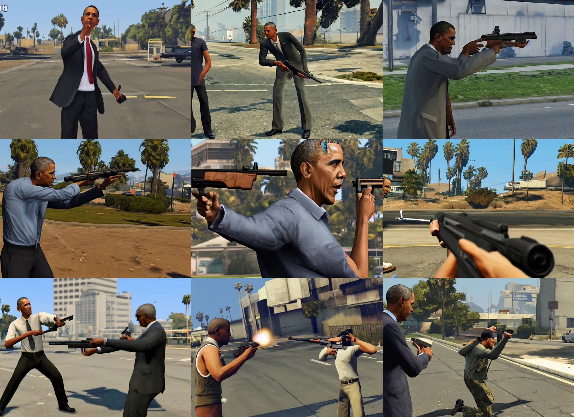 Prompt: Obama shooting a gun, game, screenshot , GTA5