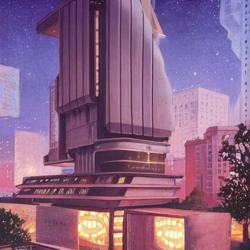 Prompt: glowing sci-fi building in a pleasant urban setting in style of Hiroshi Yoshida