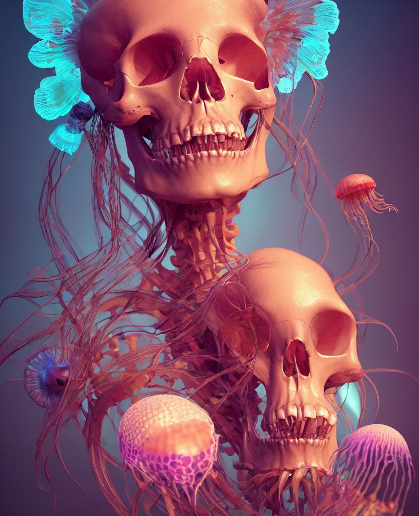 Image similar to goddess close - up portrait human skeleton, ram skull, jellyfish, orchid, betta fish, bioluminiscent, intricate artwork by tooth wu and wlop and beeple. octane render, trending on artstation, greg rutkowski very coherent symmetrical artwork. cinematic, hyper realism, high detail, octane render, 8 k