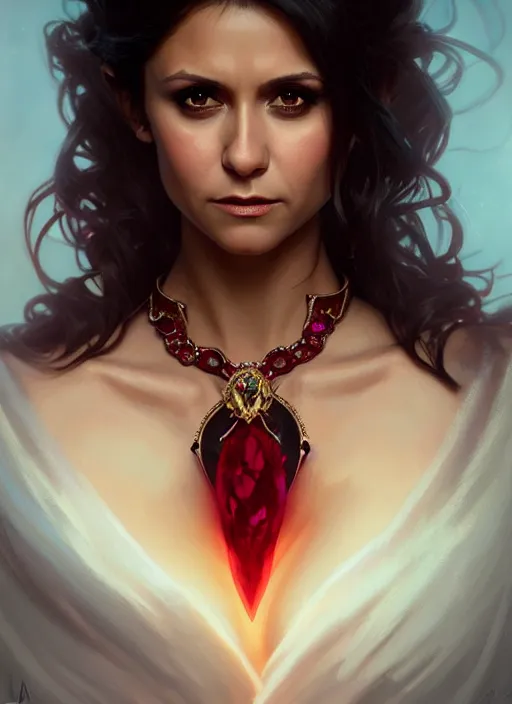 Prompt: portrait of nina dobrev as a sultry vampire queen, jewelry, greek, ruby, intricate, headshot, highly detailed, digital painting, artstation, concept art, sharp focus, cinematic lighting, illustration, art by artgerm and greg rutkowski, alphonse mucha, cgsociety