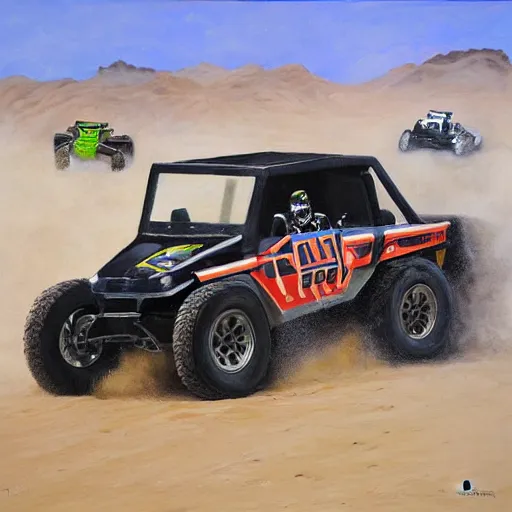 Image similar to all terrain vehicle race, painting by jerome bosch