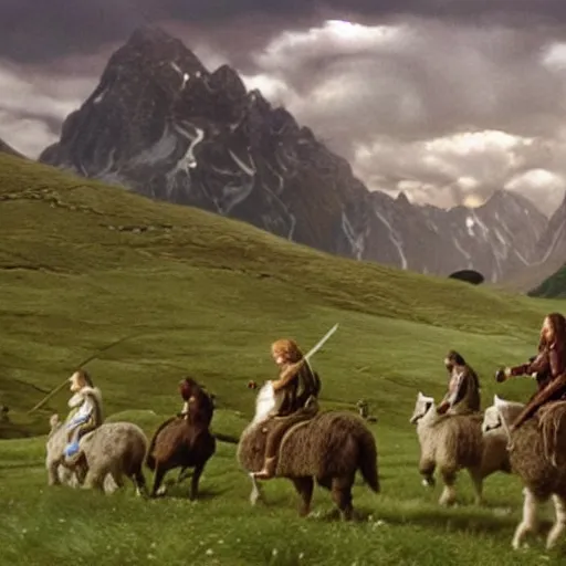 Image similar to still from lord of the rings showing the ride of the rohirrim, riding toward minas tirith on alpacas