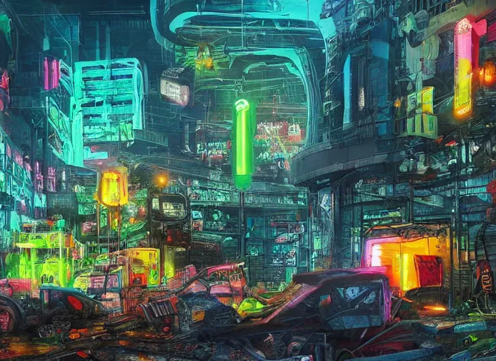 Prompt: an unbelievable dystopian scene, highly detailed, contrasting bright and colours with a hint of neon