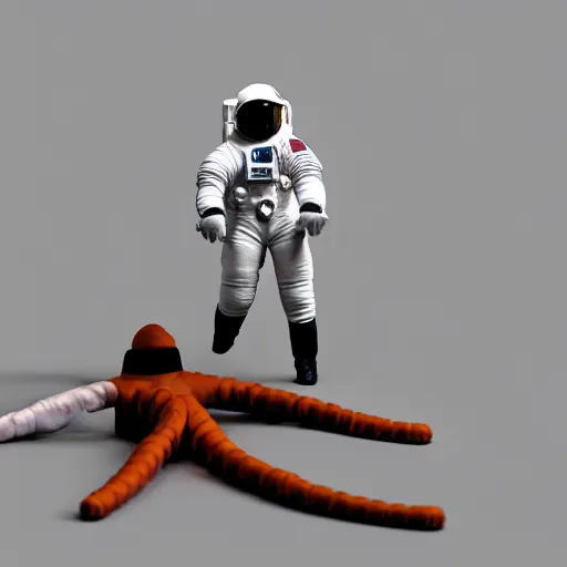 Image similar to an astronaut standing on the ground and a small trippy aggressive centaur standing on that poor human being standing on all fours astronaut, really trying to ride it, the horse is on his shoulders and grabbing them, the astronaut is holding the legs with his arms, minimalist style, 3 d render, isometry