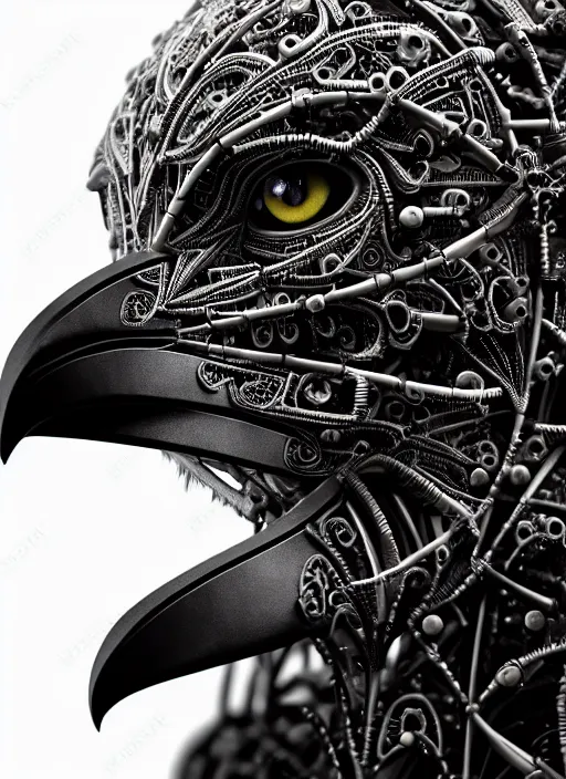 Prompt: a stunning young vegetal female crow - cyborg profile face, face is made intricate tribal bio - mechanical, editorial photography, bw, shot on 7 0 mm, depth of field, f / 2. 8, high contrast, 1 6 k, volumetric lighting, shiny, insanely detailed and intricate, hypermaximalist, elegant, ornate, hyper realistic, super detailed