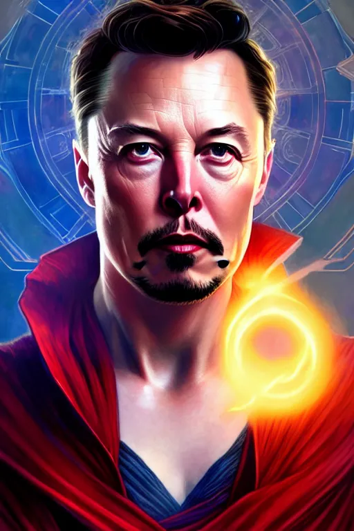 Image similar to elon musk as dr strange, realistic portrait, symmetrical, highly detailed, digital painting, artstation, concept art, smooth, sharp focus, illustration, cinematic lighting, art by artgerm and greg rutkowski and alphonse mucha