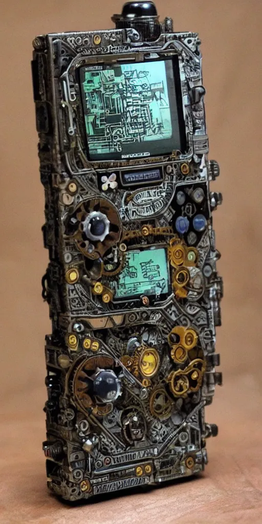 Image similar to an extremely complex and advanced steampunk gameboy