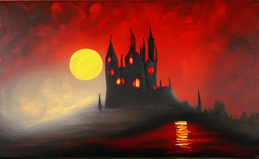 Image similar to red oil painting, full moon, french gothic burning! castle, fog!! clouds!! bats flying away from castle, blur, bokeh,