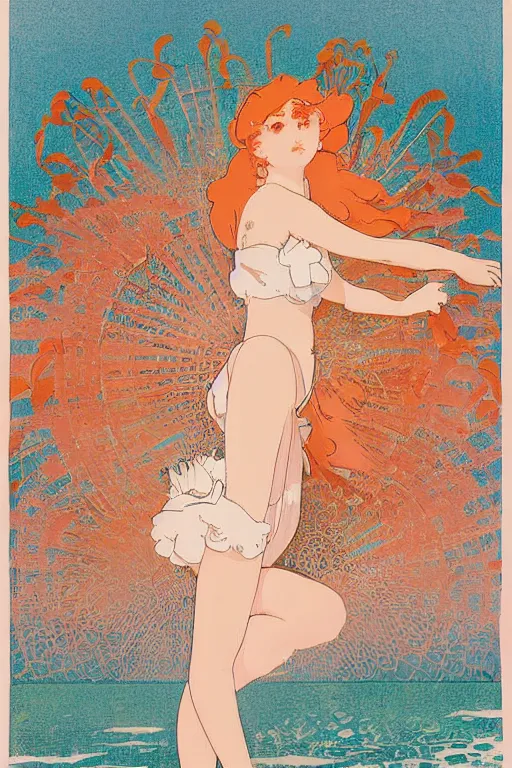 Image similar to A girl in a white lacy bikini and white sun hat and Holding a heart-shaped lifebuoy, jumping for joy,long orange hair floating on air ,Waves and splashes,beach,geometric shapes, hard edges ,Smooth visual lines,,graphic Design by mucha and studio ghibli