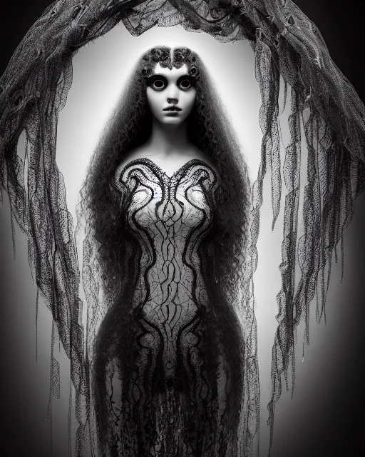 Prompt: surreal mythical dreamy dark artistic black and white fine art photo of a beautiful young female medusa - cyborg covered with lace fish scales and translucent algae, highly detailed, intricate crystal ivy jelly fish scales ornate, lace web, poetic, octane render, 8 k, photo - realistic