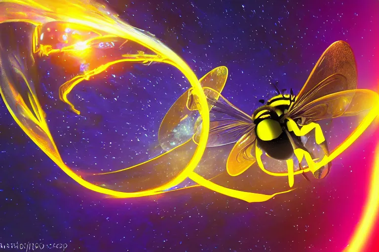 Image similar to bumble bee flying through a glowing ring descending upon the earth, psychedelic landscape, trending on artstation, featured on deviantart, award winning digital artwork art