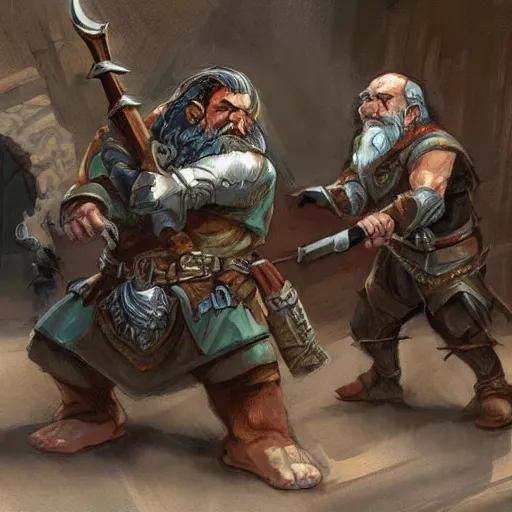 Image similar to DnD dwarves in gladitorial duel. Concept art by james gurney.