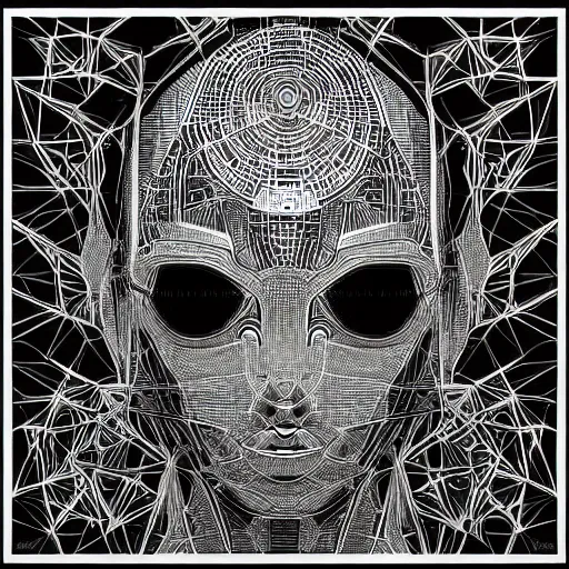 Image similar to Geometrically surreal Artificial Intelligence Robot extremely high detail, photorealistic, intricate line drawings, dotart, album art in the style of James Jean