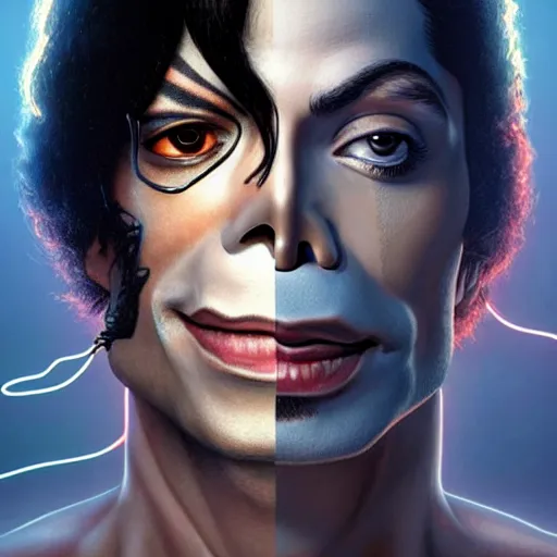 Image similar to cyborg michael jackson with a cyborg chimp, anatomy, bathed in light, highly detailed, photorealistic, artstation, smooth, sharp focus, illustration, unreal engine 5, 8 k, art by artgerm and greg rutkowski and edgar maxence