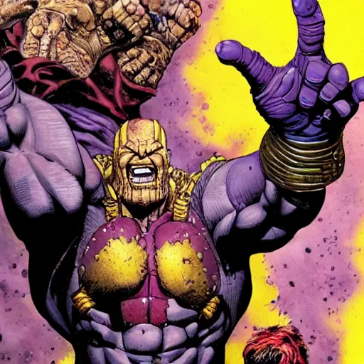 Prompt: by Simon Bisley, Thanos with the infinity gauntlet, 8k