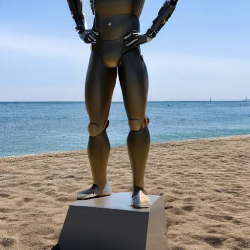 Image similar to a realistic detailed photo of a guy who is an attractive humanoid who is half robot and half humanoid, who is a male android, football player christian mccaffrey, shiny skin, posing like a statue, blank stare, by the beach, on display