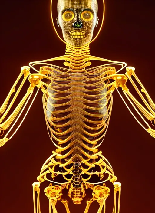 Image similar to full body rendering of a futuristic female golden mechanical skeleton with human face, wires, glowing internal light, hyperdetailed illustration by alex grey, intricate linework, faberge, intricate gold linework, dark atmosphere, unreal engine 5 highly rendered, global illumination, radiant light, detailed and intricate environment