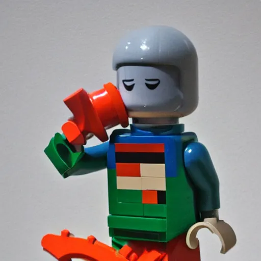 Prompt: lego sculpture of an astronaut catching a huge salmon, thoughtful, elegant, real