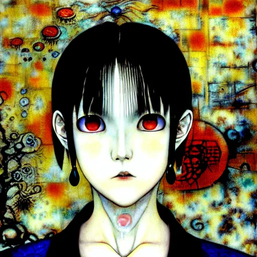 Prompt: yoshitaka amano blurred and dreamy realistic three quarter angle horror portrait of a sinister young woman with short hair, big earrings and white eyes wearing office suit with tie, junji ito abstract patterns in the background, satoshi kon anime, noisy film grain effect, highly detailed, renaissance oil painting, weird portrait angle, blurred lost edges