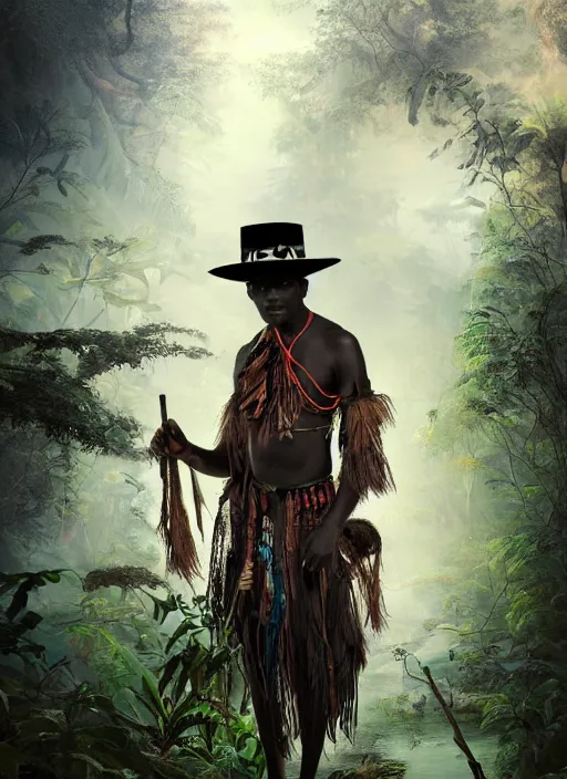 Image similar to a beautiful portrait of an indigenous man with black skin with a large hat in the jungle, surrounded by smoke, mysterious atmosphere, fantasy art, matte painting, highly detailed