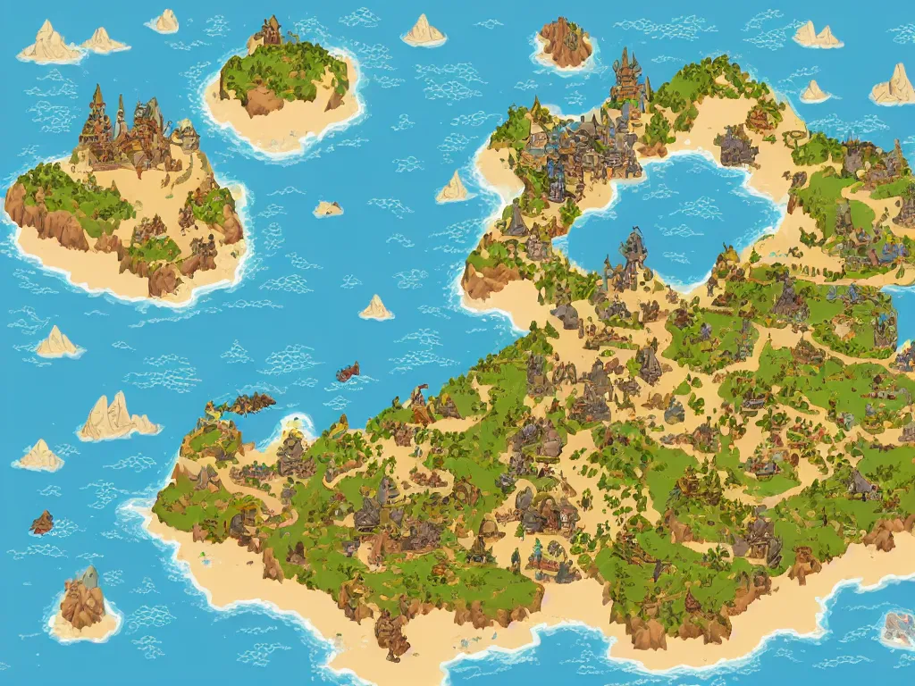 Prompt: an isometric disney fantasy map of a continent bordered by ocean