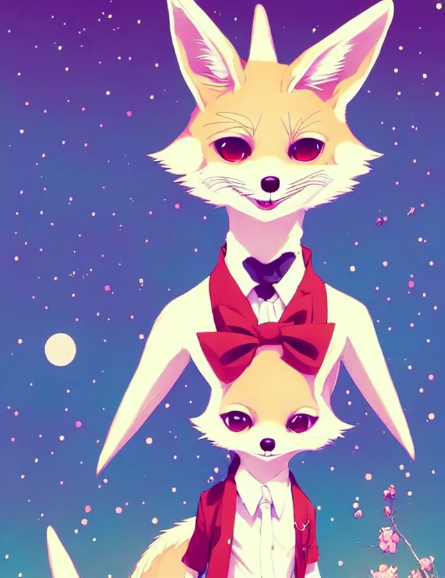 Image similar to a cute anthropomorphic fennec fox girl anthro wearing a red tie, park background, very anime!!! kawaii!! furry!! intricate details, aesthetically pleasing pastel colors, scenic background, art by conrad roset and ilya kuvshinov. trending on deviantartstation