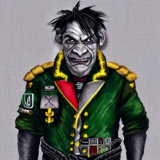 Prompt: portrait of a middle aged half orc in a dirty patchwork military uniform jacket with cut sleeves and many charms and baubles worked into the fabric, with an upturned collar. grey - green skin with half - long thin black hair. thin fangs showing through his lower jaw with a bemused smile. blueish grey eyes staring intently with a definite intelligence