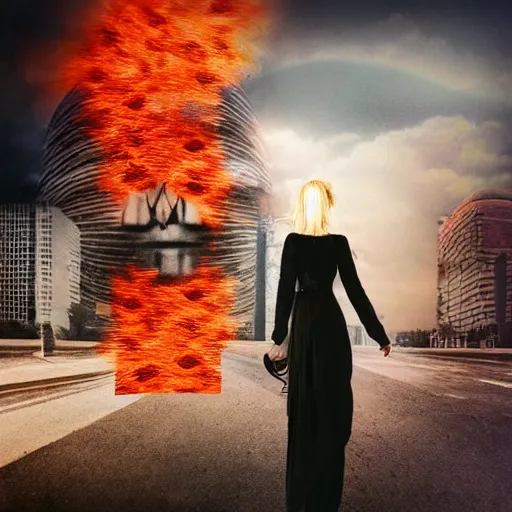 Image similar to a woman, city on fire, giant, sci - fi, award winning, photo manipulation, collage